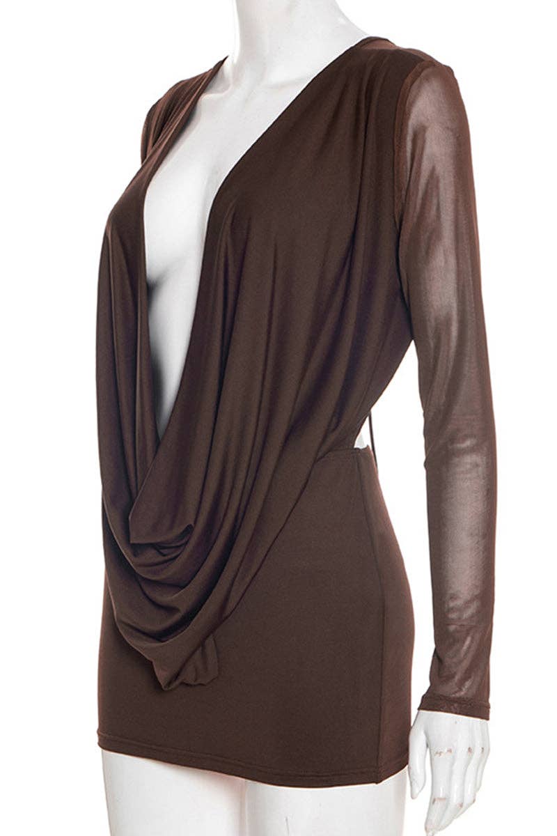 Draped Deep-V Long Sleeve Mini Dress