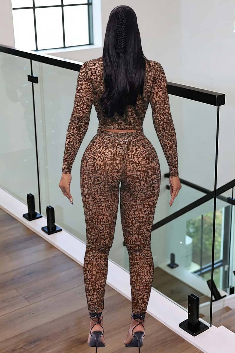 Chic Patterned Long Sleeve Pants Set