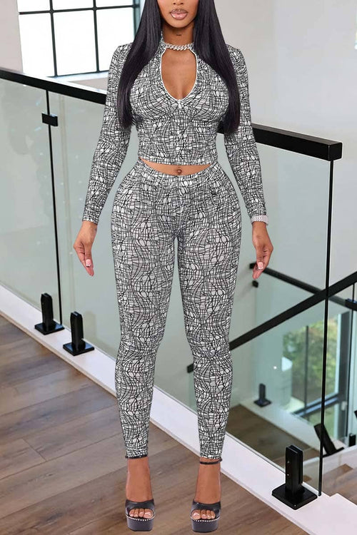 Chic Patterned Long Sleeve Pants Set