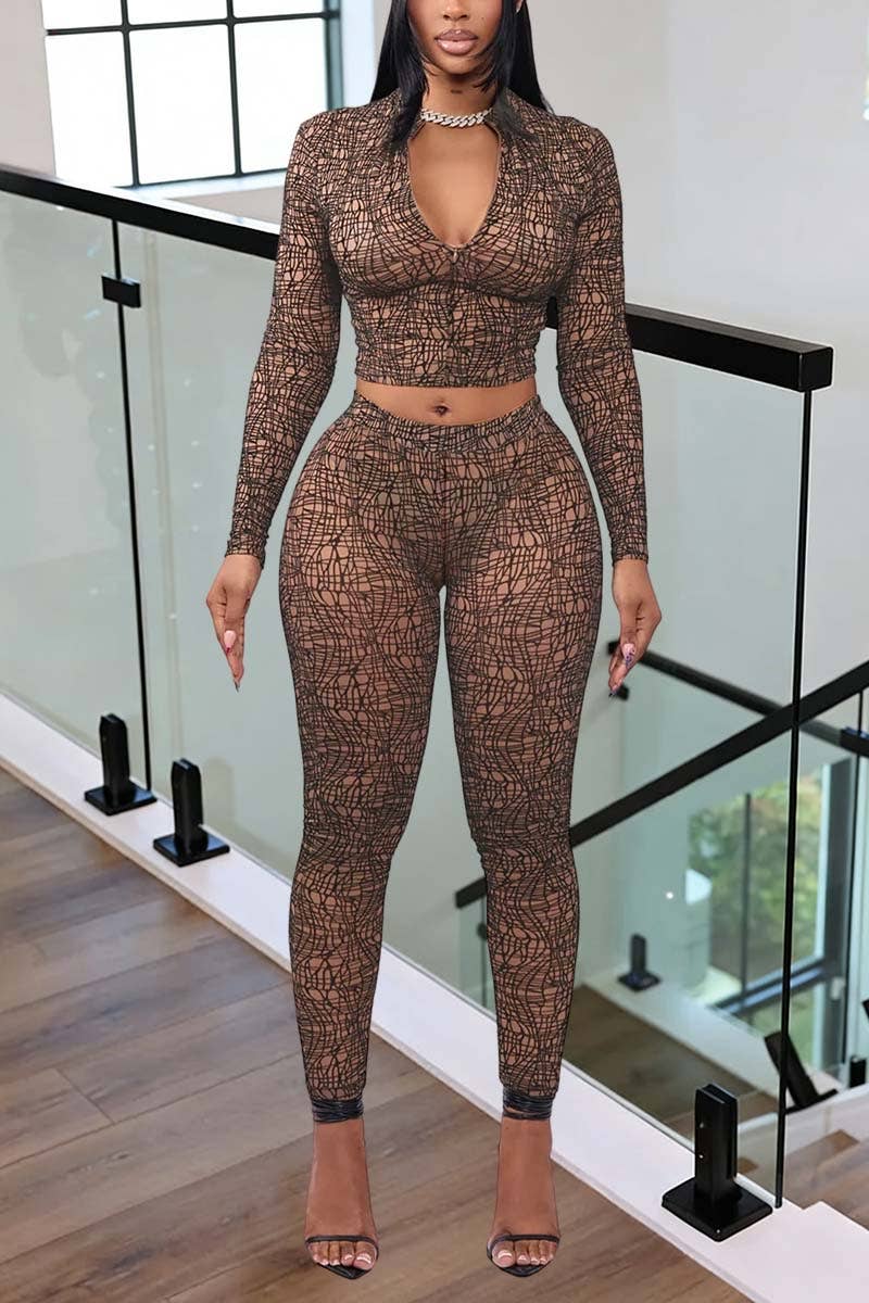 Chic Patterned Long Sleeve Pants Set