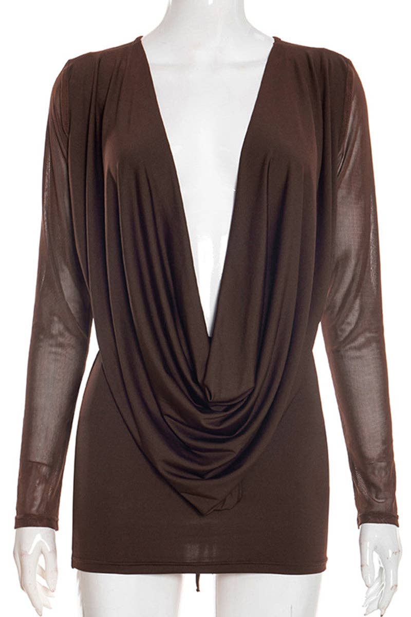 Draped Deep-V Long Sleeve Mini Dress