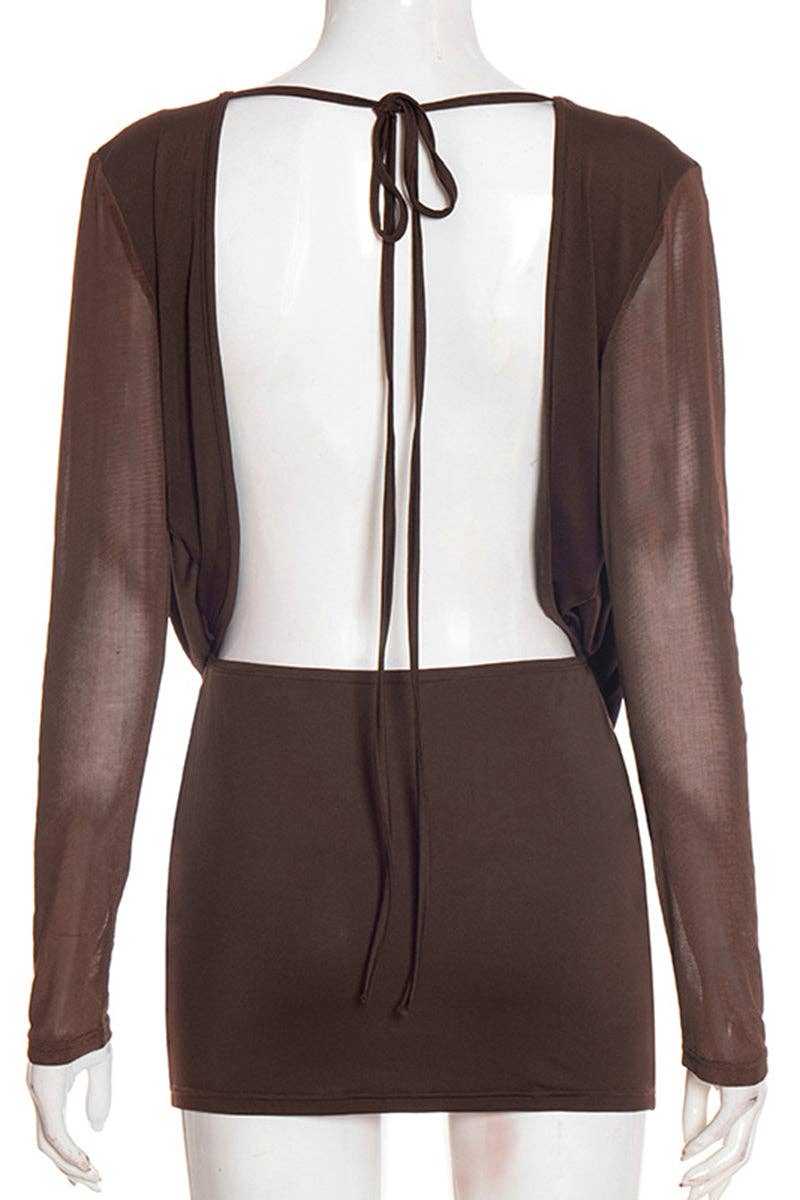 Draped Deep-V Long Sleeve Mini Dress