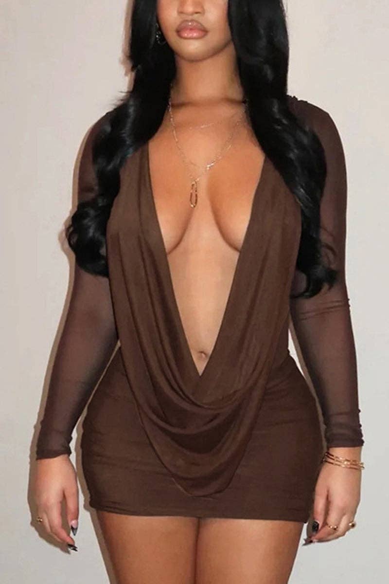 Draped Deep-V Long Sleeve Mini Dress